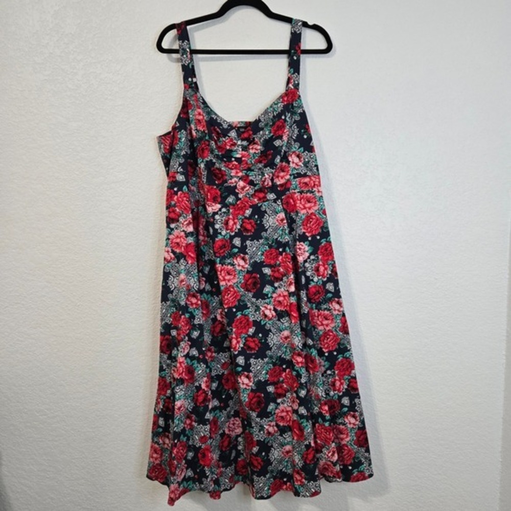 Torrid Pinup Navy‎ Floral Print Fit Flare Dress Plus Size 3X Smocked Bodice